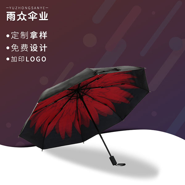防风三折小黑伞,大红菊印花防晒